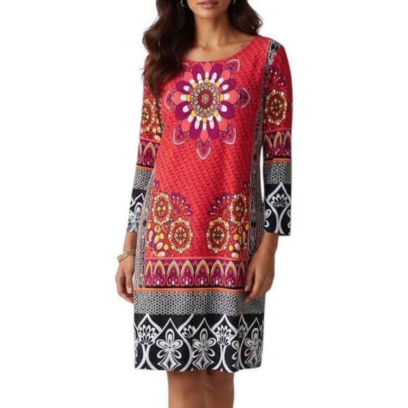 Joseph Ribkoff Boho Multicolour Mixed Print Mandala Lined Sheath Dress Large - Picture 12 of 12